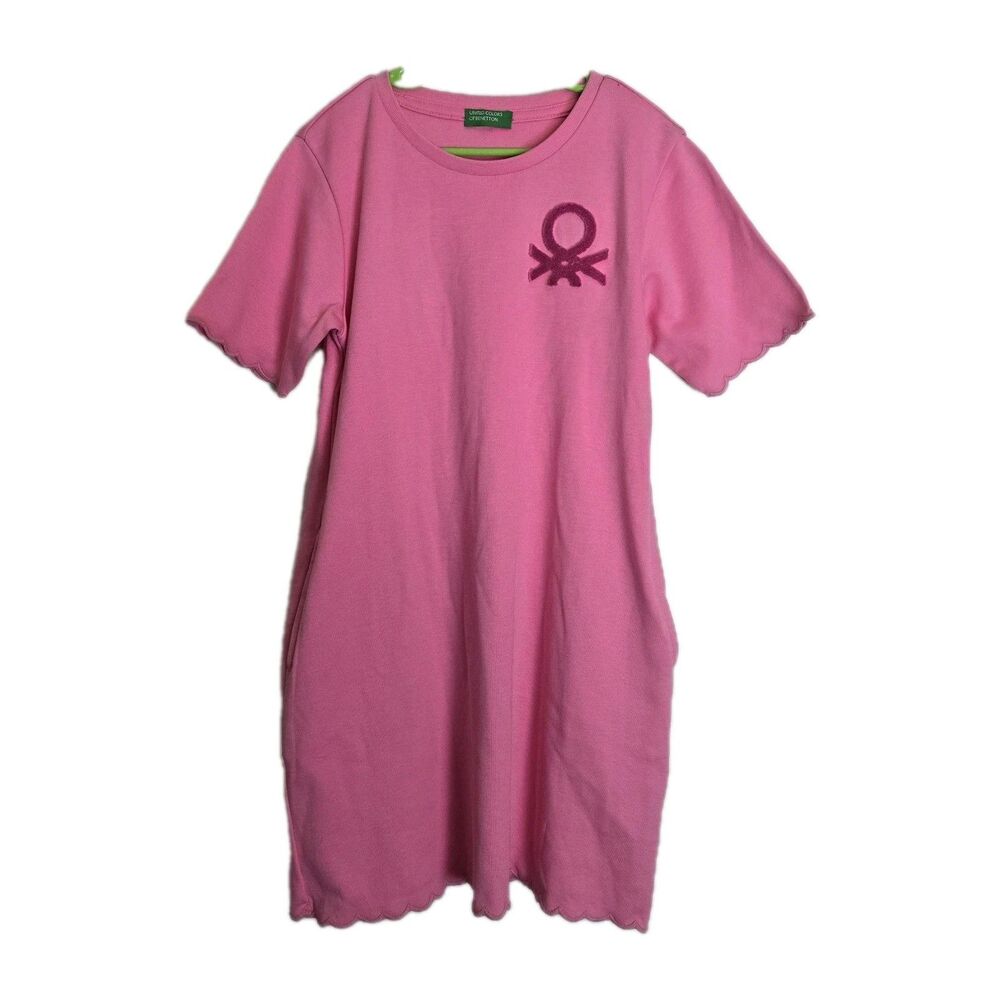 United Colors Of Benetton Girls Crew Neck Shirt Dress Medium Pockets Lettuce Hem